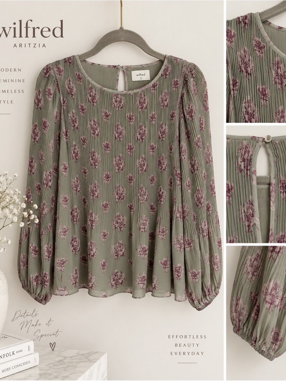 Wilfred Aritzia Sage Floral Pleated Blouse Size M Balloon Sleeve